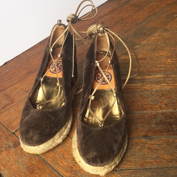 Tory Burch Shoes - Tory Burch velour brown gold espadrilles wedges 5